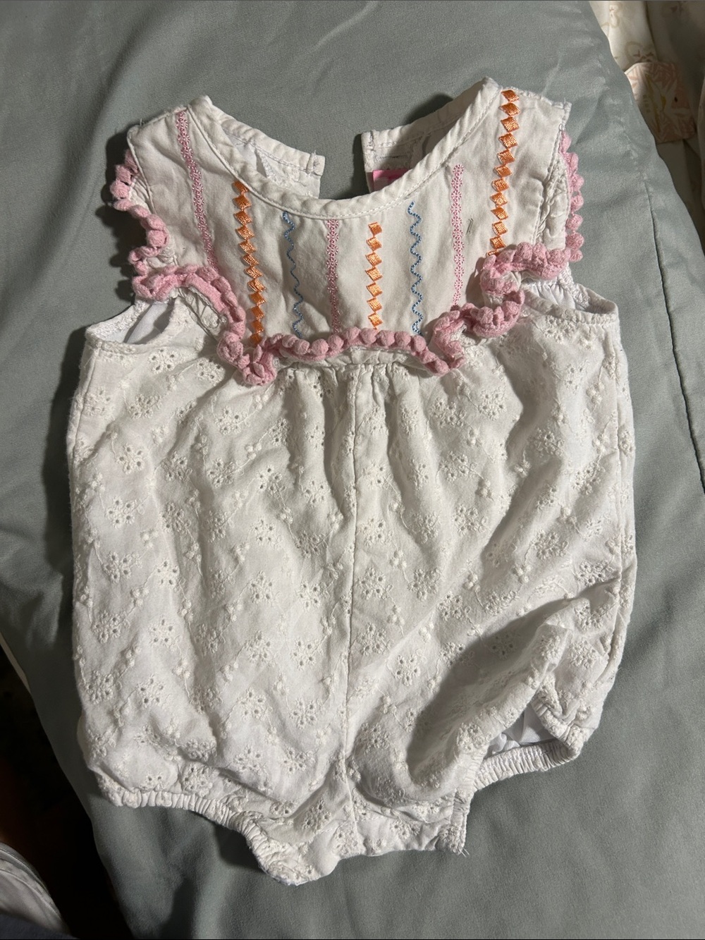White Eyelet Baby Romper with Pink Trim good lad